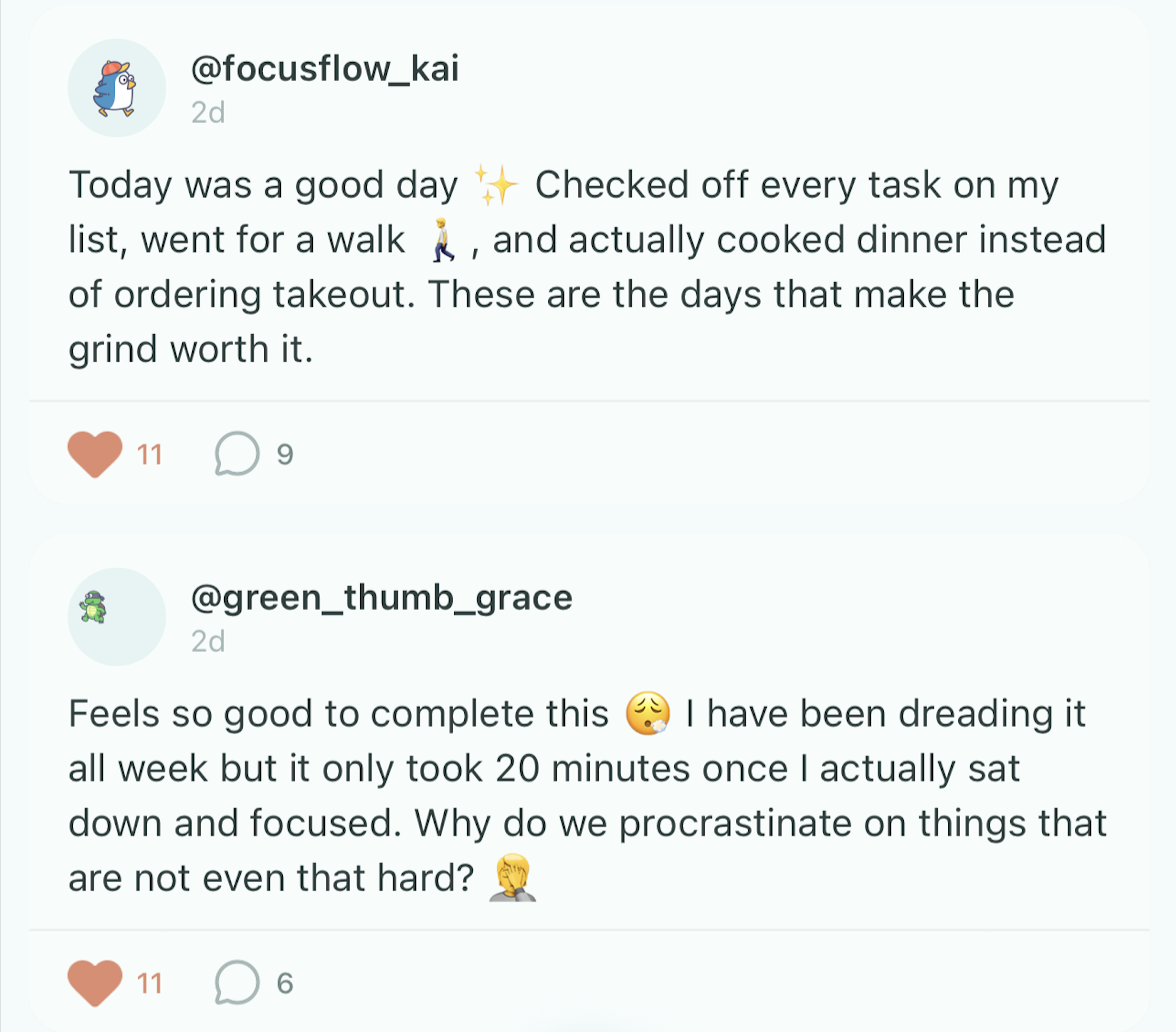 Social media posts from real users sharing their productivity wins